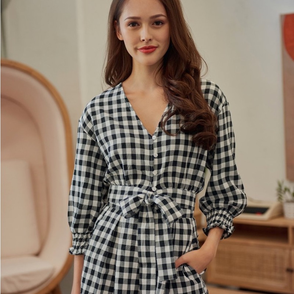 Flutter & Kick black & White Mini Check Self Tie Peplum Maternity Blouse